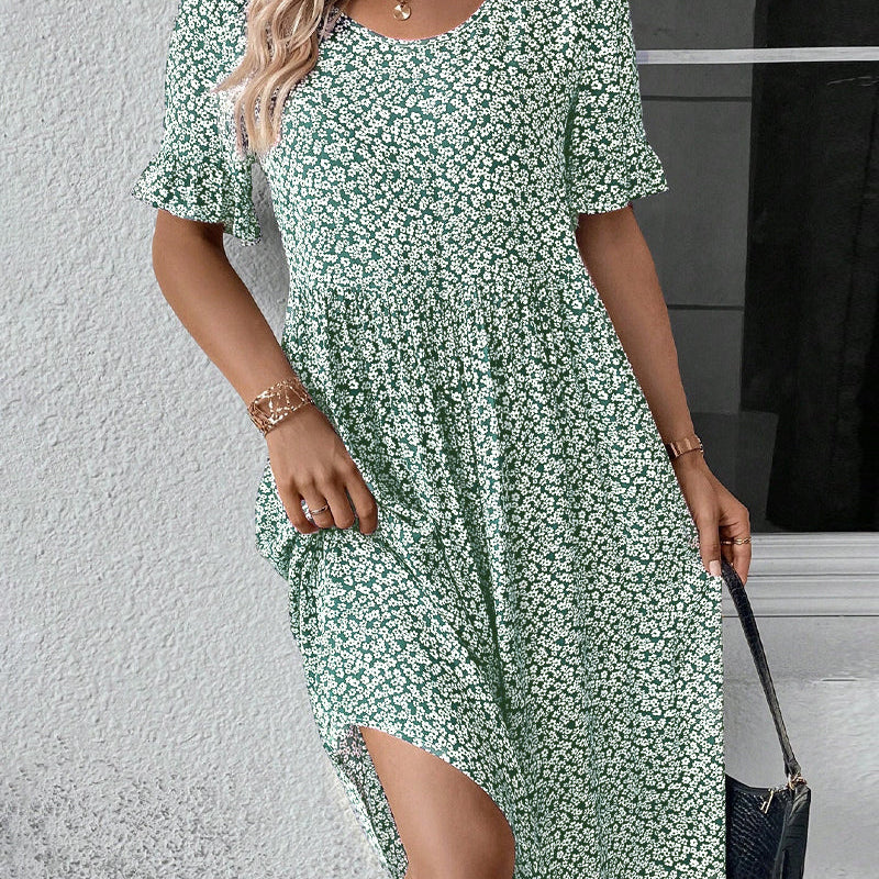 Robe élégante à col rond et imprimé floral