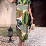 Robe fendue à manches courtes et imprimé feuilles