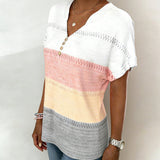 Tee Col V Panachage De Couleurs Manches Courtes
