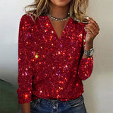 Blouse à Manches Longues avec Finition Scintillante et Encolure en V pour Femme | Idéale pour les Occasions Festives