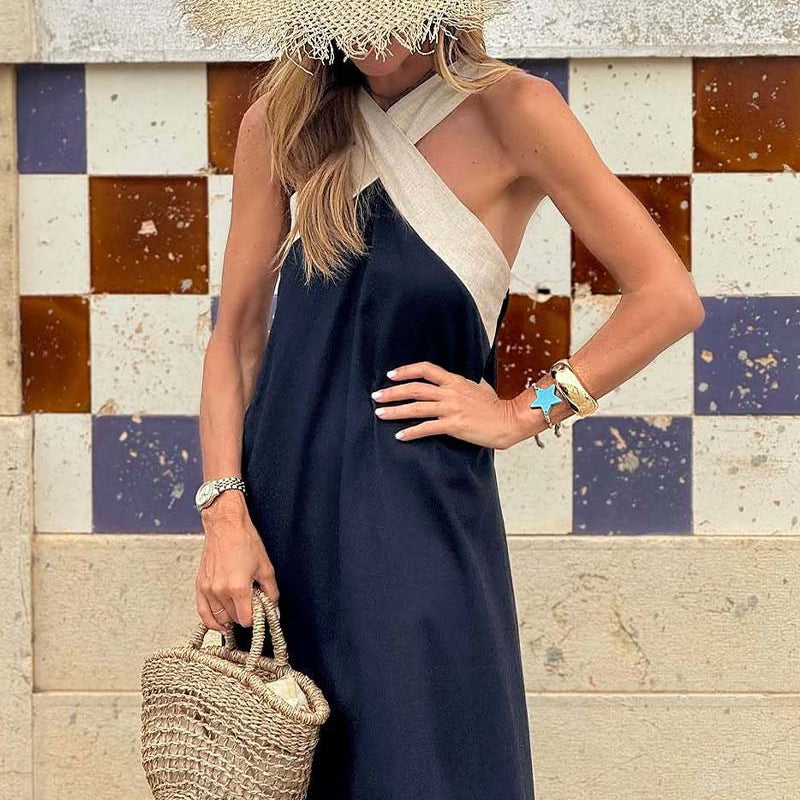 Robe Elegante Croix Dos Sans Dos Avec Couleur Contrastée