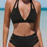 Ensemble de Bikini avec Découpes, Taille Haute et Design en Halter