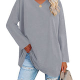 T-shirt femme uni col V manches longues