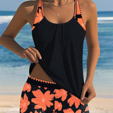 Tankini Décolleté En U Sans Manches Imprimé Boxer