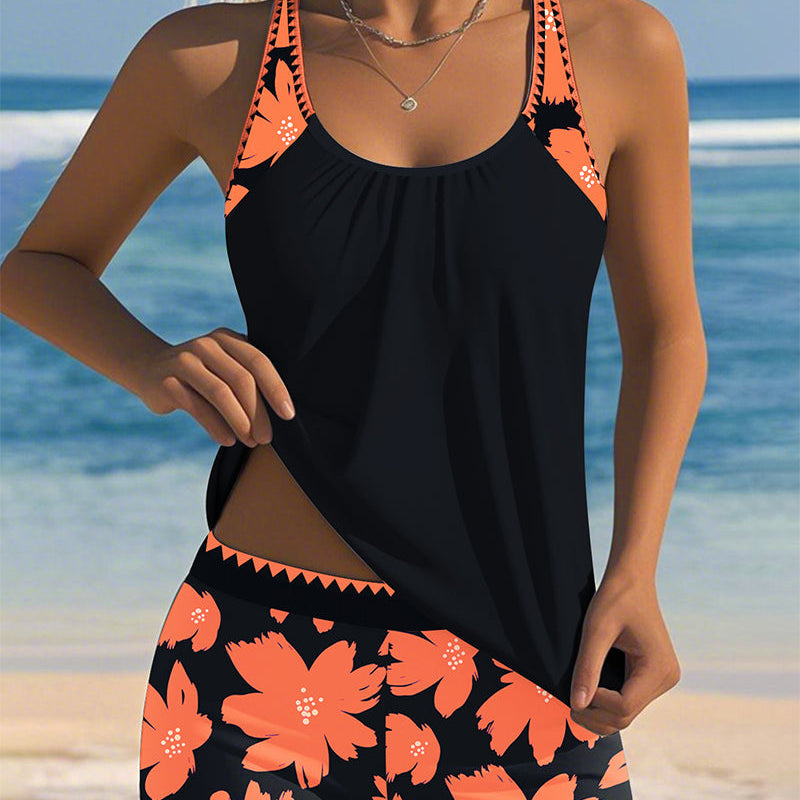 Tankini Décolleté En U Sans Manches Imprimé Boxer