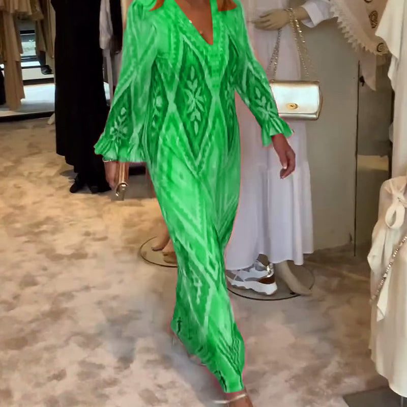 Robe à manches longues en V profond à imprimé géométrique rétro