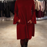 Robe Uni Manche Évasée Froncé