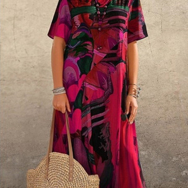 Robe droite à col rond et imprimé géométrique