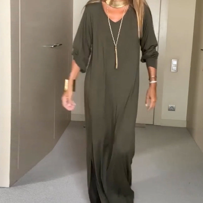 Robe décontractée à col en V de couleur unie