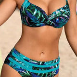 Bikini imprimé feuilles taille haute