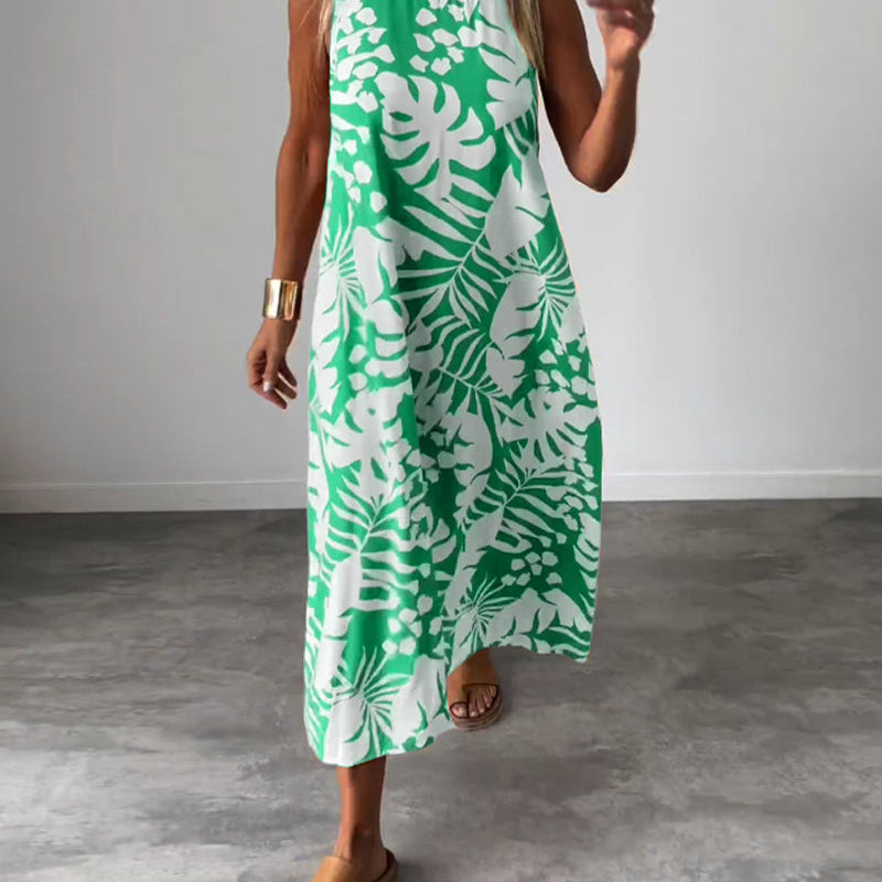 Robe décontractée sans manches à imprimé feuilles
