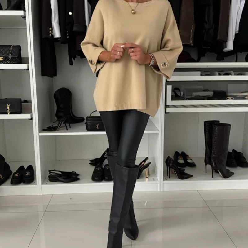 Pull tendance à boutons et col rond de couleur unie