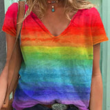 T-shirt décontracté à col en V et imprimé arc-en-ciel