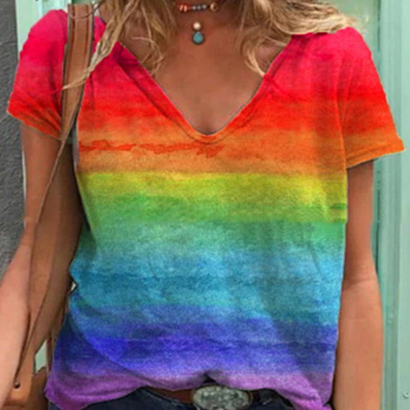 T-shirt décontracté à col en V et imprimé arc-en-ciel