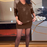 Top sexy col V en maille et sequins couleur unie