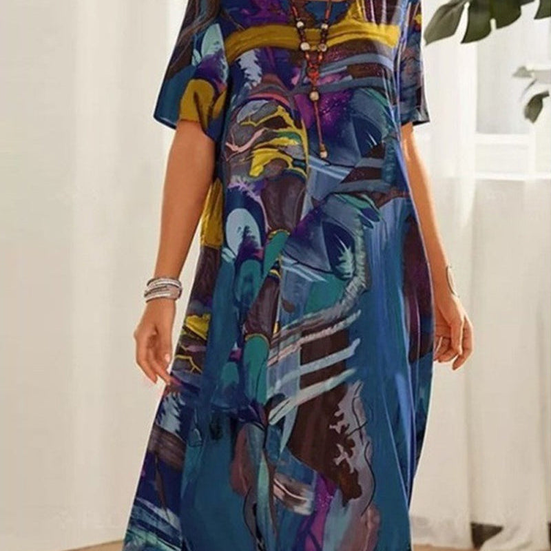 Robe droite à col rond et imprimé géométrique