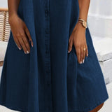 Robe Manches Courtes Col Solide Bouton