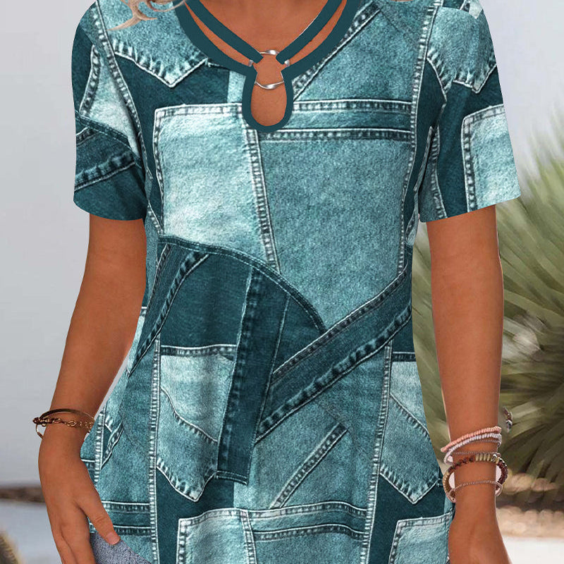 Blouse Vintage Jean Contraste Découpée