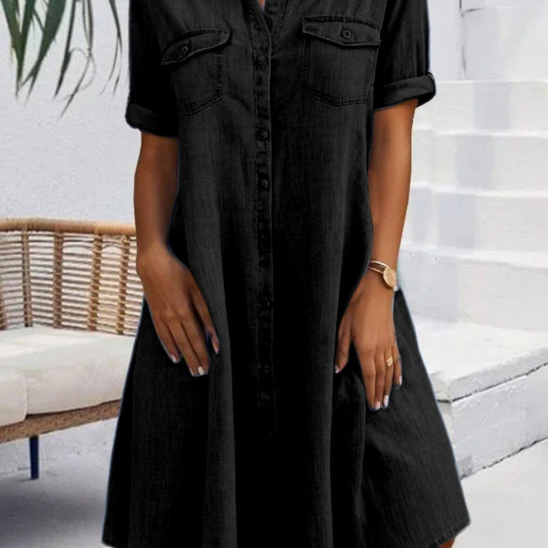 Robe Manches Courtes Col Solide Bouton