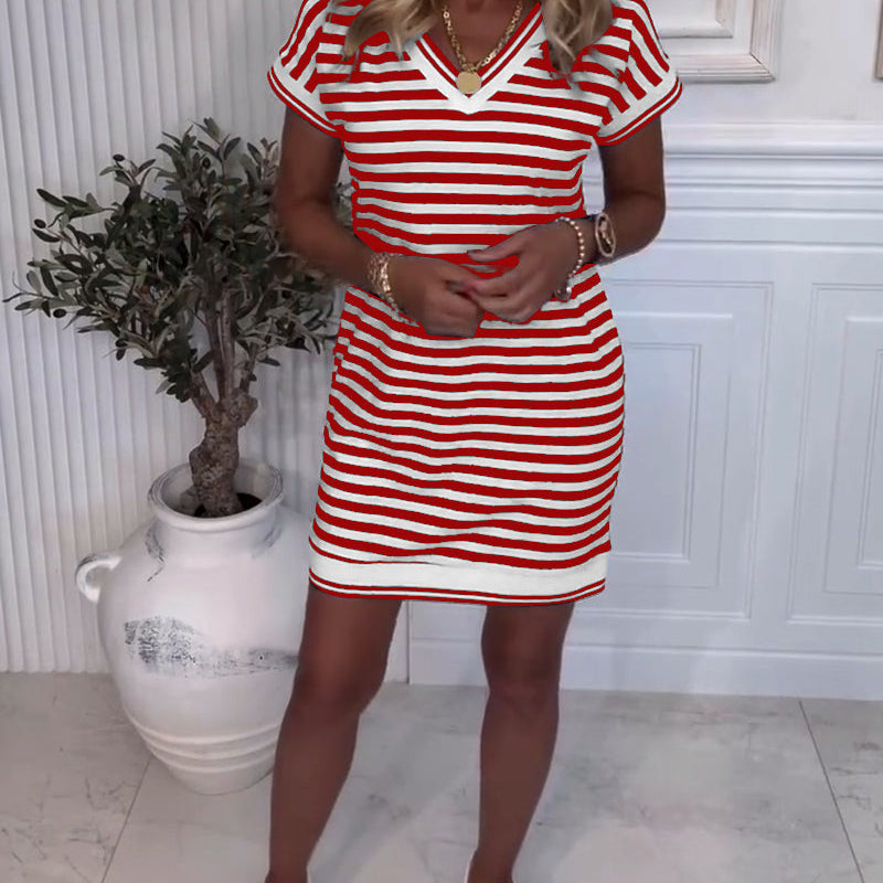 Robe Col En V Rayée Contrastée