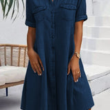 Robe Manches Courtes Col Solide Bouton