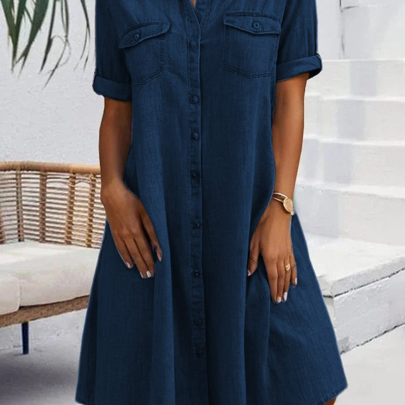 Robe Manches Courtes Col Solide Bouton