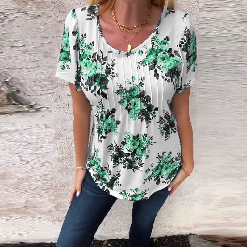 T-Shirt À Col Rond Imprimé Floral Plissé