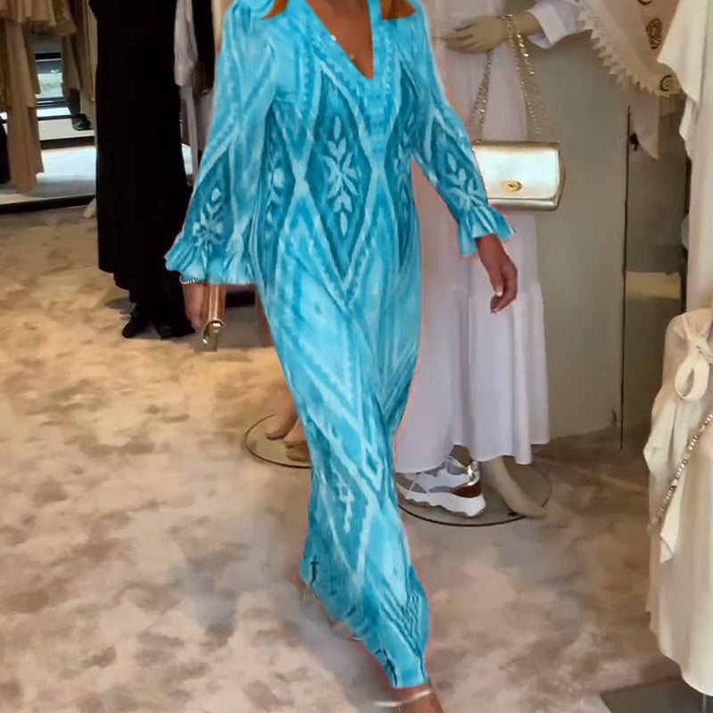 Robe à manches longues en V profond à imprimé géométrique rétro