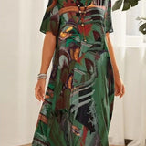 Robe droite à col rond et imprimé géométrique