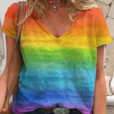 T-shirt décontracté à col en V et imprimé arc-en-ciel