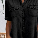 Robe Manches Courtes Col Solide Bouton
