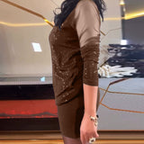 Top sexy col V en maille et sequins couleur unie