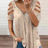 T-shirt zippé à col en V avec imprimé cœur