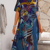 Robe droite à col rond et imprimé géométrique