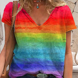 T-shirt décontracté à col en V et imprimé arc-en-ciel