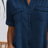 Robe Manches Courtes Col Solide Bouton