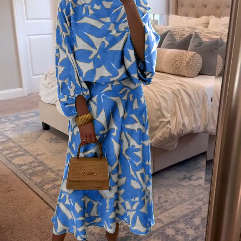 Ensemble Robe Décontractée Imprimé Manches Lanterne Tempérament