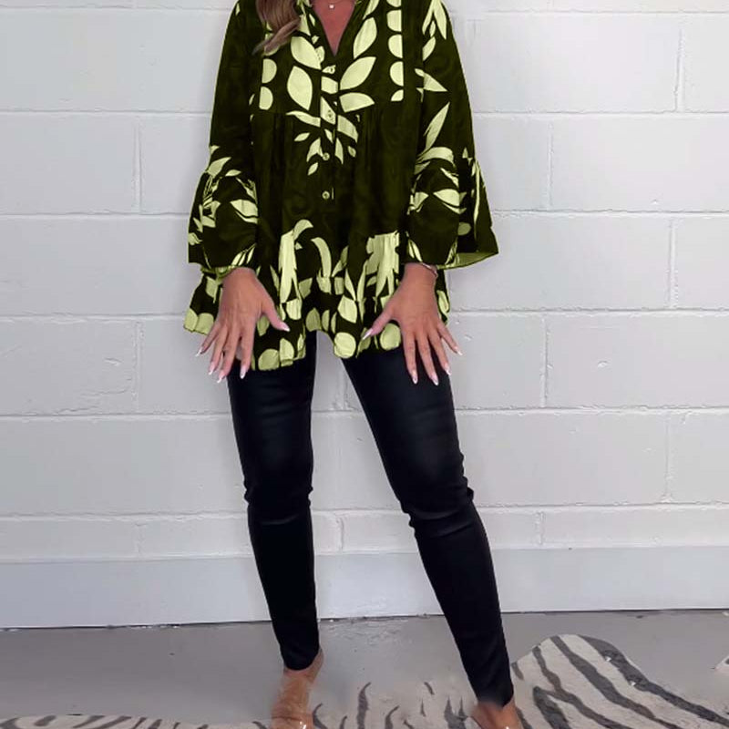 Blouse imprimée à manches cloche et boutons