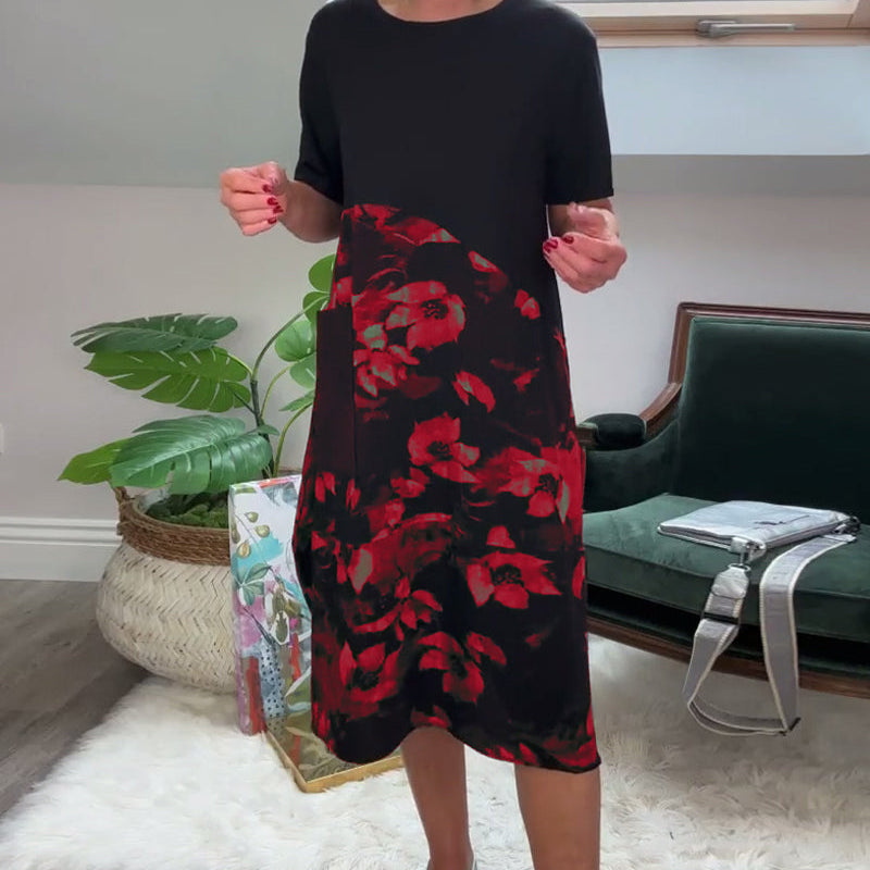 Robe patchwork décontractée à imprimé floral et col rond