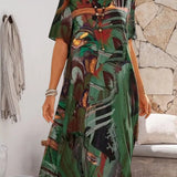 Robe droite à col rond et imprimé géométrique