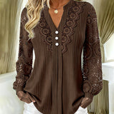 Blouse Dentelle Panneaux Manches Longues Col V