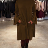 Robe Uni Manche Évasée Froncé
