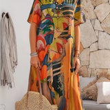 Robe droite à col rond et imprimé géométrique