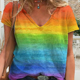 T-shirt décontracté à col en V et imprimé arc-en-ciel