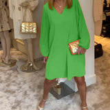 Robe col en V à manches lanternes de couleur unie