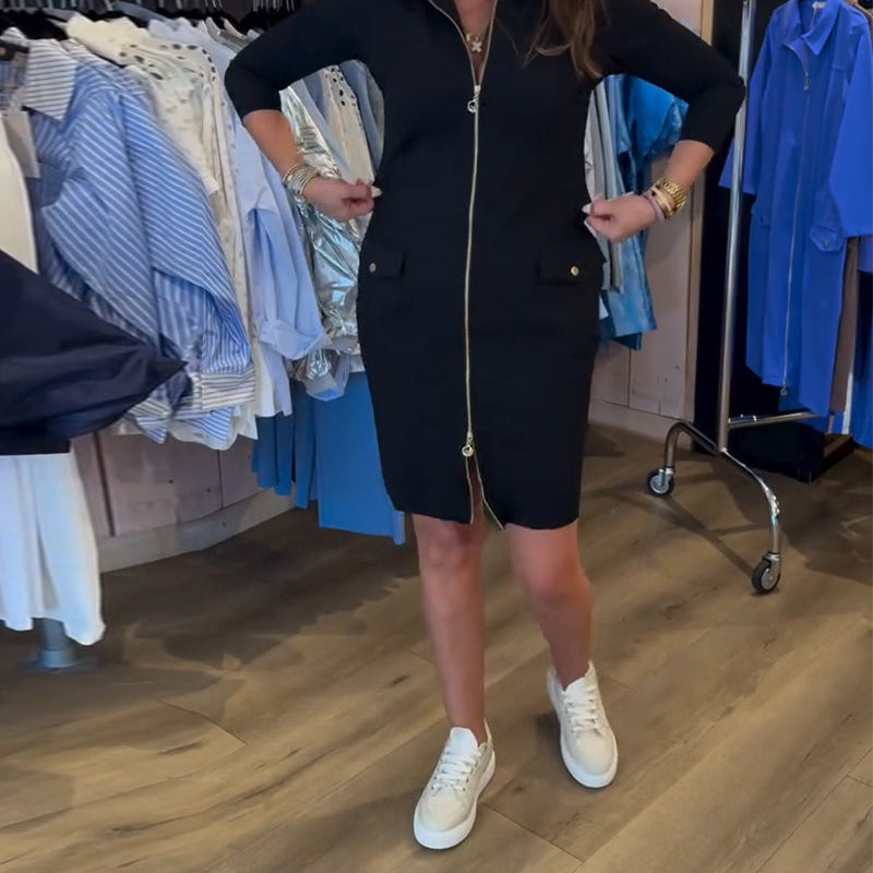 Robe Col Unie Fermeture Éclair Manches Longues