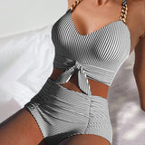 Maillot De Bain Haute Taille Rayé Deux-Pièces Triangle