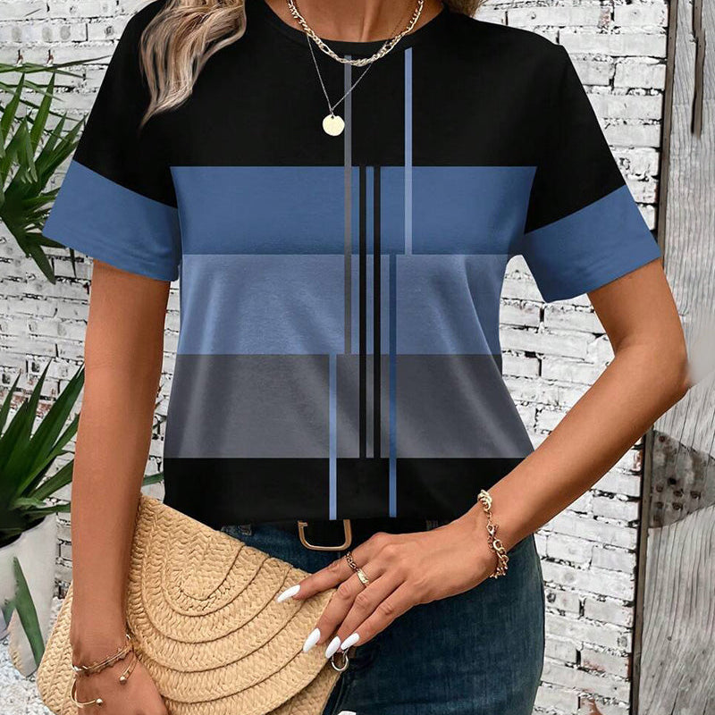 T-Shirt Col Rond Imprimé Géométrique Manches Courtes