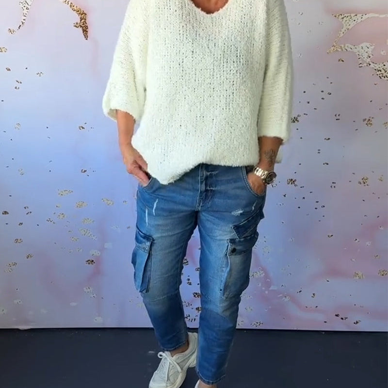 Pull décontracté de couleur unie à col en V