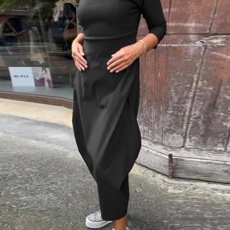 Robe élégante simple à manches longues avec poche de couleur unie